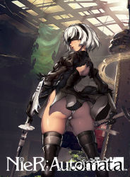 Rule 34 | 1girl, android, ass, back cutout, backless dress, backless outfit, bad id, bad pixiv id, black dress, black footwear, black gloves, black hairband, black thighhighs, blindfold, boots, breasts, clothing cutout, copyright name, covered eyes, cowboy shot, dress, feather-trimmed sleeves, from behind, gloves, hairband, holding, holding sword, holding weapon, juliet sleeves, katana, legs apart, leotard, lips, long sleeves, medium breasts, nier (series), nier:automata, nose, oinari risuru, panties, pantyshot, puffy sleeves, shiny clothes, short dress, short hair, shoulder blades, side slit, silver hair, skindentation, solo, standing, sword, tassel, thigh boots, thighhighs, turtleneck, underwear, unsheathed, vambraces, weapon, weapon on back, white leotard, white panties, 2b (nier:automata)