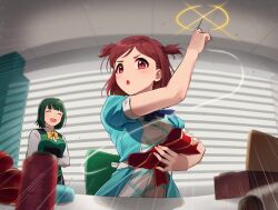 Rule 34 | 2girls, aoba misaki, window blinds, blue dress, blurry, blurry foreground, bob cut, bow, bowtie, brown hair, closed eyes, commentary, depth of field, desk, diffraction spikes, dress, dress shirt, emphasis lines, frown, green hair, green vest, holding, holding bow (ornament), holding needle, idolmaster, idolmaster million live!, indoors, kamille (vcx68), light trail, long sleeves, looking at viewer, mole, mole under mouth, multiple girls, needle, open mouth, otonashi kotori, puffy short sleeves, puffy sleeves, purple eyes, red bow, shirt, short hair, short sleeves, smile, standing, swept bangs, thread, two side up, vest, white shirt, yellow bow, yellow bowtie