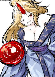 1girl absurdres blonde_hair blue_kimono breasts cleavage commentary_request cowboy_shot cup grin highres holding holding_cup horns hoshiguma_yuugi hoshiguma_yuugi_(kimono) japanese_clothes kimono large_breasts long_hair long_sleeves off_shoulder one-hour_drawing_challenge one_eye_closed oni ponytail red_eyes red_horns sakazuki single_horn smile solo touhou ve1024 wide_sleeves