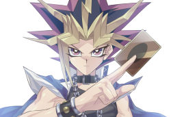 Rule 34 | 1boy, blonde hair, blue jacket, bright pupils, card, chain, chain necklace, collar, dyed bangs, holding, holding card, jacket, jacket on shoulders, jewelry, male focus, multicolored hair, necklace, purple eyes, purple hair, simple background, solo, spiked hair, talgi, two-tone hair, upper body, white background, white pupils, yami yugi, yu-gi-oh!, yu-gi-oh! duel monsters