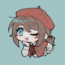 1boy androgynous beret blue_eyes brown_hair capelet chibi chibi_only edgar_valden hand_on_own_chin hat identity_v long_sleeves lowres one_eye_closed open_mouth paint_on_clothes ponytail red_capelet red_ribbon ribbon shirt single_drill sinzourrrrr smile solo white_shirt