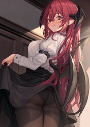 Rule 34 | 1girl, :q, ass, black skirt, breasts, brown pantyhose, commentary request, cowboy shot, demon tail, demon wings, head wings, highres, indoors, juliet sleeves, koakuma, large breasts, long hair, long sleeves, looking at viewer, pantyhose, puffy sleeves, red eyes, red hair, shirt, skirt, skirt hold, smile, solo, standing, tail, thighband pantyhose, thighs, tongue, tongue out, touhou, very long hair, white shirt, wings, wowoguni