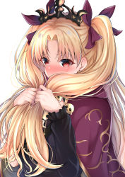 Rule 34 | 1girl, blonde hair, blush, bow, cape, commentary request, embarrassed, ereshkigal (fate), fate/grand order, fate (series), hair bow, highres, holding, holding own hair, long hair, long sleeves, looking at viewer, nakaji (user snap3353), nose blush, parted bangs, purple bow, purple cape, red eyes, simple background, skull, solo, tiara, two side up, upper body, very long hair, white background