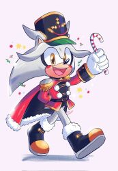Rule 34 | 1boy, black headwear, boots, candy, candy cane, cape, christmas, coat, food, fur-trimmed boots, fur-trimmed cape, fur-trimmed coat, fur trim, gloves, holding, holding candy, holding candy cane, holding food, mobian, non-web source, resolution mismatch, sack, silver the hedgehog, smiley face, sonic (series), source larger, white gloves, white hair