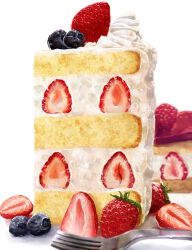 Rule 34 | blueberry, cake, cake slice, food, food focus, fork, fruit, highres, kaneko ryou, no humans, original, simple background, still life, strawberry, strawberry shortcake, white background