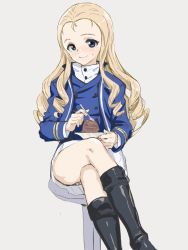 Rule 34 | 10s, 1girl, bc freedom military uniform, black footwear, blonde hair, blue jacket, blue vest, boots, cake, closed mouth, commentary, dress shirt, food, food on face, forehead, fork, girls und panzer, green eyes, grey background, head tilt, high collar, highres, holding, jacket, knee boots, crossed legs, long hair, long sleeves, looking at viewer, marie (girls und panzer), military, military uniform, miniskirt, nekoi mie, pleated skirt, saucer, shirt, simple background, sitting, skirt, smile, solo, stool, uniform, vest, white shirt, white skirt