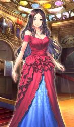 Rule 34 | 1girl, bare shoulders, blue eyes, breasts, brown hair, cleavage, collarbone, craft essence (fate), dress, fate/grand order, fate (series), jewelry, large breasts, leonardo da vinci (fate), leonardo da vinci (formal dress) (fate), long dress, long hair, looking at viewer, necklace, off-shoulder dress, off shoulder, official art, parted bangs, red dress, simosi, smile, solo, strapless, strapless dress, wavy hair