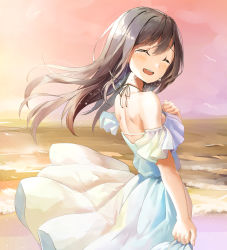 Rule 34 | 1girl, :d, ^ ^, arm at side, bad id, bad pixiv id, bare shoulders, bird, blush, brown hair, closed eyes, cowboy shot, crying, day, dress, facing viewer, floating hair, halterneck, hand on own chest, highres, long hair, ocean, off-shoulder dress, off shoulder, open mouth, original, outdoors, pink sky, round teeth, shi-ro, short sleeves, shoulder blades, skirt hold, sky, smile, solo, sparkle, tears, teeth, upper teeth only, water, white dress, wind