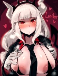 Rule 34 | 1girl, absurdres, areola slip, bikini, black bikini, blunt bangs, blush, breasts, crown, demon girl, demon tail, gloves, heart, helltaker, hero neisan, highres, horns, large areolae, large breasts, long hair, looking at viewer, lucifer (helltaker), mole, mole on breast, mole on cheek, mole under eye, red eyes, silver hair, solo, sweat, swimsuit, tail, upper body, white background, white gloves