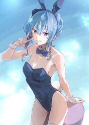 Rule 34 | 1girl, alternate costume, animal ears, arm support, armpits, blue background, blue hairband, blue leotard, blue nails, blue ribbon, blush, breasts, collarbone, commentary request, covered navel, cowboy shot, crossed bangs, detached collar, fake animal ears, fake tail, gradient background, hair between eyes, hair ribbon, hairband, hand up, highleg, highleg leotard, highres, hololive, hoshimachi suisei, leaning on object, leotard, long hair, looking at viewer, oversized breast cup, playboy bunny, rabbit ears, rabbit tail, ribbon, shadow, side ponytail, sleeve cuffs, small breasts, solo, star (symbol), star in eye, strapless, strapless leotard, symbol in eye, tail, teeth, thighhighs, thighs, virtual youtuber, white thighhighs, yami ara