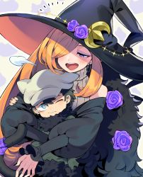 Rule 34 | 1boy, 1girl, age difference, blue eyes, blush, cabbie hat, child, closed mouth, hair over one eye, halloween, hat, highres, hug, hug from behind, iroyopon, long hair, onee-shota, open mouth, orange hair, original, puffy sleeves, purple eyes, ribbed sweater, ribbon, smile, sweater, tail, tail ornament, tail ribbon, turtleneck, turtleneck sweater, witch, witch hat