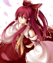 Rule 34 | 1girl, bare shoulders, bow, detached sleeves, female focus, hair bow, hakurei reimu, japanese clothes, kacyu, miko, pink hair, red eyes, solo, touhou, traditional media, white background