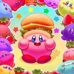 Rule 34 | 1boy, blue eyes, blush, burger, cheese, closed eyes, closed mouth, colorful, commentary, food, frown, fruit, gradient background, kirby, kirby&#039;s dream buffet, kirby&#039;s dream land, kirby (series), leonieyue, nintendo, open mouth, saliva, smile, sparkling eyes, star (symbol), strawberry, tomato, tomato slice, watermark, web address