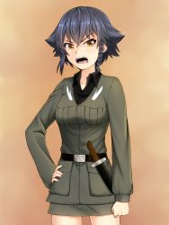 Rule 34 | 10s, 1girl, angry, anzio military uniform, belt, black hair, black shirt, braid, brown background, brown eyes, commentary request, cowboy shot, dress shirt, frown, girls und panzer, glaring, grey jacket, grey skirt, hair tie, highres, jacket, knife, long sleeves, looking at viewer, military, military uniform, miniskirt, open mouth, pencil skirt, pepperoni (girls und panzer), ruka (piyopiyopu), shirt, short hair, side braid, skirt, solo, standing, uniform, v-shaped eyebrows, wing collar