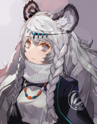 Rule 34 | 1girl, animal ear fluff, animal ears, arknights, bead necklace, beads, black cloak, braid, breasts, circlet, cloak, closed mouth, commentary, dated, dress, grey background, grey eyes, highres, jewelry, leopard ears, long hair, looking at viewer, medium breasts, necklace, pramanix (arknights), side braids, signature, silver hair, simple background, solo, toujou bun, turtleneck, twin braids, upper body, white dress