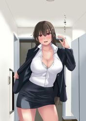 Rule 34 | 1girl, alternate costume, black jacket, black skirt, blazer, bra, breasts, cleavage, collared shirt, commentary request, dress shirt, frilled bra, frills, highres, jacket, jouzaburou (joe3), kantai collection, large breasts, nagato (kancolle), office lady, pencil skirt, red eyes, shirt, skirt, smile, solo, translation request, underwear, white shirt