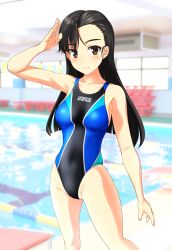 Rule 34 | 1girl, absurdres, asymmetrical bangs, black hair, breasts, brown eyes, clothes writing, collarbone, commentary request, competition swimsuit, cowboy shot, girls und panzer, highres, indoors, long hair, looking at viewer, medium breasts, multicolored clothes, multicolored swimsuit, nishi kinuyo, one-piece swimsuit, pool, salute, solo, straight hair, swimsuit, takafumi