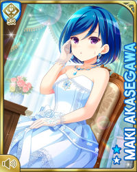 Rule 34 | 1girl, :o, akasegawa maki, blue hair, card, chair, character name, curtains, day, dress, earrings, flower, girlfriend (kari), indoors, jewelry, looking at viewer, official art, open mouth, purple eyes, qp:flapper, rose, short hair, solo, tagme, wedding dress, white dress