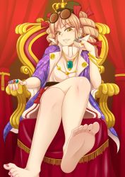 Rule 34 | 1girl, barefoot, blush, crossed legs, drill hair, feet, foot focus, foreshortening, from below, grin, hat, highres, jewelry, long hair, looking at viewer, nail polish, necklace, orange hair, sitting, smile, soles, solo, sunglasses on head, throne, toenail polish, toenails, toes, top hat, touhou, twin drills, yellow eyes, yorigami jo&#039;on