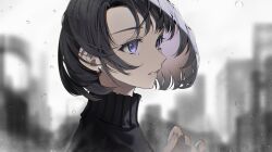 Rule 34 | 1girl, absurdres, black hair, black sweater, bob cut, colored inner hair, crying, crying with eyes open, earrings, from side, glint, hand up, highres, jewelry, multicolored hair, original, parted lips, profile, purple eyes, rain, sogawa, solo, sweater, tears, turtleneck, turtleneck sweater