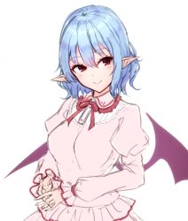 Rule 34 | 1girl, bat wings, blue hair, blush, breasts, closed mouth, dress, frilled shirt collar, frills, hair between eyes, highres, juliet sleeves, junior27016, long sleeves, looking to the side, medium breasts, no headwear, pink dress, pointy ears, puffy sleeves, red eyes, red neckwear, red ribbon, remilia scarlet, ribbon, short hair, simple background, smile, solo, touhou, upper body, white background, wings