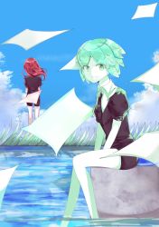 Rule 34 | 2others, absurdres, androgynous, blue sky, cloud, colored eyelashes, colored skin, crystal hair, day, from behind, gem uniform (houseki no kuni), grass, green eyes, green hair, highres, houseki no kuni, looking at viewer, multiple others, necktie, outdoors, paper, phosphophyllite, red hair, cinnabar (houseki no kuni), short hair, sitting, sky, smile, water, white skin