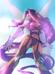 1girl absurdres bikini breasts covered_eyes cowboy_shot digimon digimon_(creature) fairimon fairy_wings head-mounted_display highres koutei_teki large_breasts long_hair multiple_wings purple_bikini purple_hair revealing_clothes simple_background sketch swimsuit very_long_hair wings