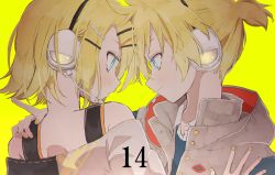 Rule 34 | 1boy, 1girl, aqua eyes, bare shoulders, blonde hair, brown jacket, buttons, chirichirinoinu, close-up, closed mouth, collared shirt, expressionless, eye contact, face-to-face, facing away, fingernails, forehead-to-forehead, from behind, glowing, glowing eyes, hair ornament, hairclip, hand on another&#039;s arm, hand on another&#039;s shoulder, head down, headphones, heads together, high collar, high ponytail, highres, hood, hood down, hooded jacket, jacket, kagamine len, kagamine rin, light blush, light smile, looking at another, nail polish, nape, off shoulder, parted lips, profile, project sekai, shirt, short ponytail, shoulder blades, simple background, sleeveless, sleeveless jacket, tsurime, unbuttoned, upper body, vivid bad squad len, vivid bad squad rin, vocaloid, white shirt, yellow background, yellow nails