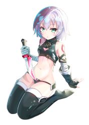 Rule 34 | 1girl, :o, absurdres, bandaged arm, bandaged hand, bandages, bare shoulders, black gloves, black panties, black thighhighs, cleavage cutout, clothing cutout, commentary request, dagger, fate/apocrypha, fate (series), fingerless gloves, full body, gloves, green eyes, highres, holding, holding sword, holding weapon, jack the ripper (fate/apocrypha), knife, leaning back, looking at viewer, lowleg, lowleg panties, navel, panties, scar, scar on face, seiza, sho (runatic moon), short hair, short sword, silver hair, simple background, sitting, solo, sword, thighhighs, underwear, weapon, white background