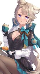 Rule 34 | 1girl, animal ears, aqua bow, black capelet, black dress, blush, bow, braid, brown pantyhose, capelet, cat ears, cat girl, commentary request, cup, dress, facial tattoo, food, frilled dress, frills, genshin impact, hair bow, highres, holding, holding cup, holding plate, juliet sleeves, long hair, long sleeves, looking at viewer, lynette (genshin impact), pantyhose, plate, puffy sleeves, raku (mwfc4243), solo, star tattoo, sweets, tattoo, two-tone gloves