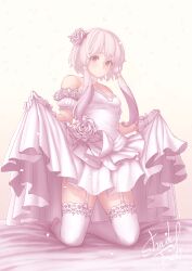 Rule 34 | 1girl, absurdres, alternate costume, bare shoulders, blush, breasts, bridal veil, brown background, closed mouth, confetti, detached sleeves, dress, dress flower, flower, full body, garter straps, gloves, hair flower, hair ornament, highres, kneeling, lace, lace-trimmed legwear, lace trim, long hair, looking at viewer, medium breasts, puffy short sleeves, puffy sleeves, purple eyes, purple hair, rose, shade of trees, short hair with long locks, short sleeves, sidelocks, signature, simple background, skirt hold, solo, strapless, strapless dress, thighhighs, variant set, veil, vocaloid, voiceroid, wedding dress, white dress, white flower, white gloves, white rose, white thighhighs, yuzuki yukari