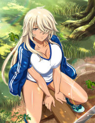 Rule 34 | 1girl, alternate costume, blue buruma, blue jacket, breasts, breasts squeezed together, brown eyes, buruma, cleavage, collarbone, day, from above, gym uniform, hair ornament, ikkitousen, jacket, jacket on shoulders, large breasts, long hair, looking at viewer, musashibou benkei (ikkitousen), open clothes, open jacket, outdoors, shiny skin, shoes, sitting, sneakers, solo, sportswear, straight hair, thick eyebrows, very long hair, white hair