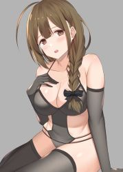 Rule 34 | 1girl, :o, ahoge, arm support, bare shoulders, black gloves, black ribbon, black one-piece swimsuit, black thighhighs, blush, braid, breasts, brown eyes, brown hair, cleavage, collarbone, elbow gloves, gloves, grey background, hair over shoulder, hair ribbon, hand on own chest, hand up, head tilt, idolmaster, idolmaster shiny colors, kanikou, kuwayama chiyuki, large breasts, long hair, looking at viewer, one-piece swimsuit, parted lips, plump, ribbon, sidelocks, simple background, single braid, sitting, solo, swimsuit, thighhighs, yokozuwari