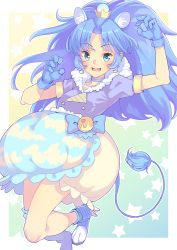 Rule 34 | 10s, 1girl, animal ears, arms up, blue background, blue bow, blue eyes, blue footwear, blue gloves, blue hair, blue neckwear, blue shirt, blue skirt, blue thighhighs, bouzu (bonze), bow, bubble skirt, choker, crown, cure gelato, extra ears, full body, gloves, gradient background, kirakira precure a la mode, layered skirt, lion ears, lion tail, long hair, looking at viewer, magical girl, mini crown, precure, shirt, shoes, single thighhigh, skirt, smile, solo, star (symbol), starry background, tail, tategami aoi, thighhighs, white skirt, yellow background