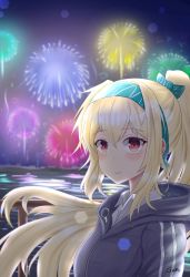 Rule 34 | 1girl, blonde hair, blouse, blue hoodie, bow, closed mouth, fireworks, gamryous, girls&#039; frontline, hair flowing over, hairband, highres, hood, hoodie, long hair, looking at viewer, new year, ponytail, red eyes, ribbon, shirt, smile, solo, sv-98 (girls&#039; frontline), sv-98 (mod3) (girls&#039; frontline), white shirt