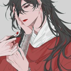 Rule 34 | 1boy, bishounen, black hair, black nails, braid, chinese clothes, cosmetics, earrings, eyepatch, highres, hua cheng, jewelry, lipstick tube, long hair, long sleeves, male focus, nail polish, shiyangtacit, solo, string, string of fate, tianguan cifu, wide sleeves