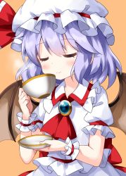 Rule 34 | 1girl, ascot, bat wings, closed eyes, closed mouth, collared shirt, cup, hat, hat ribbon, highres, holding, holding cup, holding saucer, jewelry, medium hair, mob cap, orange background, purple hair, red ascot, red ribbon, remilia scarlet, ribbon, ruu (tksymkw), saucer, shirt, short sleeves, simple background, skirt, smile, smoke, solo, touhou, upper body, white hat, white shirt, white skirt, wings, wrist cuffs