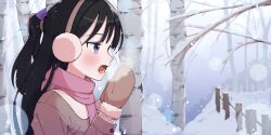 Rule 34 | 1girl, :o, absurdres, bare tree, birch tree, black hair, blush, breath, brown coat, brown mittens, coat, commentary request, earmuffs, fence, highres, korean commentary, long hair, mittens, mixed-language commentary, oo s, open mouth, original, pink scarf, purple eyes, scarf, snow, tree, winter