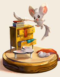 Rule 34 | ahoge, animal focus, black eyes, blanket, book, book stack, bookmark, character pillow, cleaning, clothes, creatures (company), drawer, duster, dusting, ekm, feather duster, game freak, gen 5 pokemon, grey background, happy, holding, holding duster, jumping, minccino, nintendo, no humans, open mouth, pawpads, pokemon, pokemon (creature), simple background, smile, solo, table, themed object