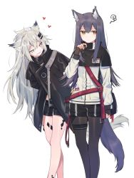 Rule 34 | 2girls, akagashi hagane, animal ears, arknights, black hair, black jacket, black legwear, black shorts, commentary, feet out of frame, food, grey hair, hair ornament, hairclip, hand up, heart, holding, holding food, jacket, leaning forward, long hair, looking at another, looking at viewer, material growth, messy hair, multiple girls, oripathy lesion (arknights), pantyhose, pantyhose under shorts, pocky, scar, scar across eye, scar on face, shirt, shorts, squiggle, tail, texas (arknights), thigh strap, white background, white shirt, wolf ears, wolf girl, wolf tail, yellow eyes