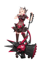 Rule 34 | 1girl, absurdres, bad id, bad pixiv id, black bow, black thighhighs, bow, closed mouth, fingernails, futoshi (tekidai), grey hair, hair bow, hair ornament, hairclip, hammer, highres, holding, holding hammer, holding weapon, huge weapon, id card, long fingernails, navel, original, pink lips, red eyes, see-through, sharp fingernails, short hair, simple background, smile, solo, standing, thighhighs, weapon, white background