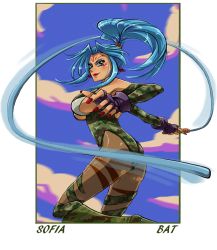 Rule 34 | 1girl, alternate color, arwencilla, blue eyes, blue hair, boots, breasts, character name, copyright name, facial mark, fingerless gloves, gloves, knee boots, leotard, long hair, looking back, matching hair/eyes, player 2, smile, sofia (toushinden), solo, tattoo, toushinden, whip