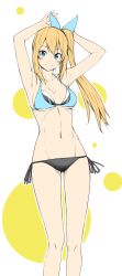 Rule 34 | 1girl, adapted costume, armpits, arms up, bad id, bad pixiv id, bare arms, bare legs, bikini, black bikini, black ribbon, blonde hair, blue bikini, blue eyes, blue ribbon, breasts, closed mouth, collarbone, commentary request, feet out of frame, gluteal fold, hair ribbon, highres, long hair, looking at viewer, medium breasts, mirai akari, mirai akari project, mismatched bikini, navel, ribbon, side-tie bikini bottom, side ponytail, smile, solo, standing, stomach, swimsuit, tsuhiki koyomi, two-tone background, underboob, virtual youtuber