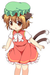 Rule 34 | 1girl, animal ears, brown eyes, brown hair, cat ears, cat tail, chen, dress, hat, mob cap, multiple tails, nekomata, pila-pela, puffy short sleeves, puffy sleeves, red dress, shirt, short sleeves, solo, tail, touhou, two tails