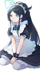 Rule 34 | 1girl, absurdly long hair, absurdres, alnana, apron, aris (blue archive), aris (maid) (blue archive), black dress, black hair, blue archive, blue eyes, closed mouth, dress, frilled apron, frills, green halo, halo, highres, long hair, maid, maid apron, maid headdress, official alternate costume, pantyhose, puffy short sleeves, puffy sleeves, short sleeves, simple background, sitting, solo, very long hair, white apron, white background, white pantyhose