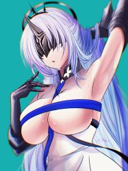 Rule 34 | 1girl, absurdres, alsace (azur lane), aqua background, arm up, armpits, azur lane, bare shoulders, belt, between breasts, black belt, black tiara, blue hair, breast strap, breastless clothes, breasts, cleavage, commentary request, cowboy shot, detached collar, dress, eye mask, gauntlets, hair ornament, halo, halo behind head, highres, large breasts, long hair, mask, musan (muusan lv1), parted bangs, parted lips, ribbon, sidelocks, signature, simple background, solo, standing, strap between breasts, sweat, tiara, underbust, very long hair