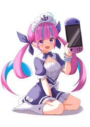 Rule 34 | 1girl, :d, ame., anchor, between legs, blue dress, blue hair, blue ribbon, blush, bow, braid, breasts, cleavage, colored inner hair, commentary request, dress, frilled dress, frills, full body, hair ribbon, hand between legs, handheld game console, highres, holding, hololive, kneehighs, long hair, looking at viewer, maid headdress, medium breasts, minato aqua, minato aqua (1st costume), multicolored hair, no shoes, open mouth, puffy short sleeves, puffy sleeves, purple eyes, purple hair, ribbon, shadow, short sleeves, sidelocks, sitting, smile, socks, solo, twintails, two-tone hair, very long hair, virtual youtuber, wariza, white background, white bow, white socks