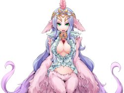 Rule 34 | 1girl, animal ears, bird ears, bird legs, bird tail, bmp-to-png conversion, breasts, center opening, crown, dress, eyeshadow, feathered wings, feathers, frfr, green dress, green eyes, harpy, large breasts, long hair, looking at viewer, lucretia (mon-musu quest!), makeup, midriff, mon-musu quest!, monster girl, non-web source, open mouth, pendant choker, pink feathers, pink wings, plunging neckline, purple feathers, purple hair, sidelocks, single hair tube, smile, solo, tail, teeth, transparent background, upper teeth only, very long hair, winged arms, wings