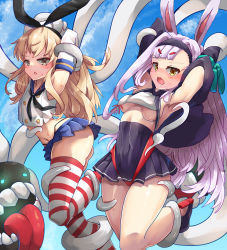 Rule 34 | 2girls, animal ears, armpits, arms up, ass, azur lane, bakasp-lilzy, bare legs, bikini over clothes, black hairband, black panties, black skirt, blonde hair, blue skirt, blue sky, blush, breasts, covered navel, crop top, elbow gloves, enemy naval mine (kancolle), gloves, hairband, highleg, highleg panties, highres, historical name connection, jacket, kantai collection, long hair, miniskirt, multiple girls, name connection, navel, open mouth, outdoors, panties, pleated skirt, rabbit ears, red thighhighs, restrained, sailor collar, school uniform, serafuku, shimakaze (azur lane), shimakaze (kancolle), skirt, sky, small breasts, striped clothes, striped thighhighs, sweat, tentacles, thighhighs, tickling, tickling armpits, tickling legs, tickling stomach, tongue, tongue out, underboob, underwear, white gloves, white hair, white thighhighs, yellow eyes