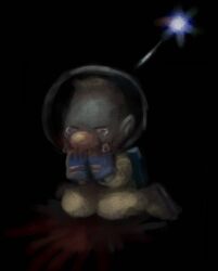 Rule 34 | 1boy, absurdres, alien, backpack, bag, big nose, black background, blonde hair, blood, blood on hands, blood stain, blue bag, blue gloves, blue light, closed eyes, crying, dark background, gloves, hand to own mouth, helmet, highres, iat-418, implied cannibalism, looking down, louie (pikmin), male focus, pikmin (series), pointy ears, radio antenna, short hair, sitting, space helmet, spacesuit, streaming tears, tears, very short hair, wariza